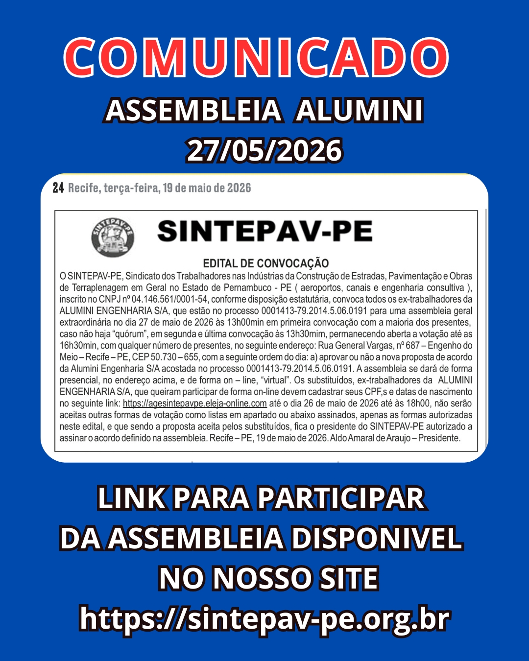 LINK DE ACESSO PARA PARTICIPAR DA ASSEMBLEIA – ALUMINI – 27/05/2026