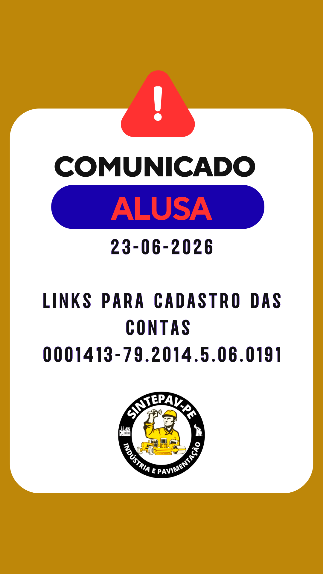COMUNICADO ALUSA – 23-06-2026  LINKS PARA CADASTRO DAS CONTAS 0001413-79.2014.5.06.0191